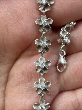 Vintage 925 Sterling Silver CZ Flower Bracelet 7.75” Floral Link Bracelet